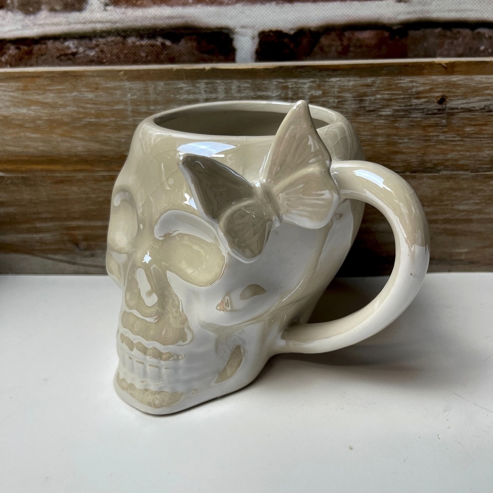 Ceramic Skull Butterfly Mug Cream Beige Halloween Gothic Decor